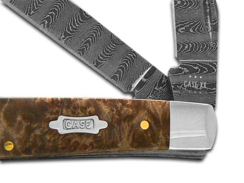 W.R. Case XX Knives Mini Trapper Damascus Steel Natural Maple Burl Wood 15091 Pocket Knife