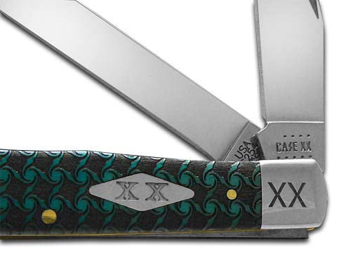 W.R. Case XX Knives Spirals Pattern Trapper 1/500 Caribbean Blue Bone Stainless Pocket Knife 23120SPIRAL