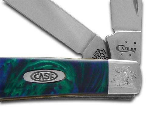 W.R. Case XX Knives Engraved Bolster Series Aquarius Corelon Mini Trapper Pocket Knife 9207AQ/E