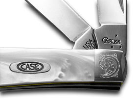 W.R. Case XX Knives Engraved Bolster Series White Pearl Corelon Mini Trapper Pocket Knife 9207WP/E