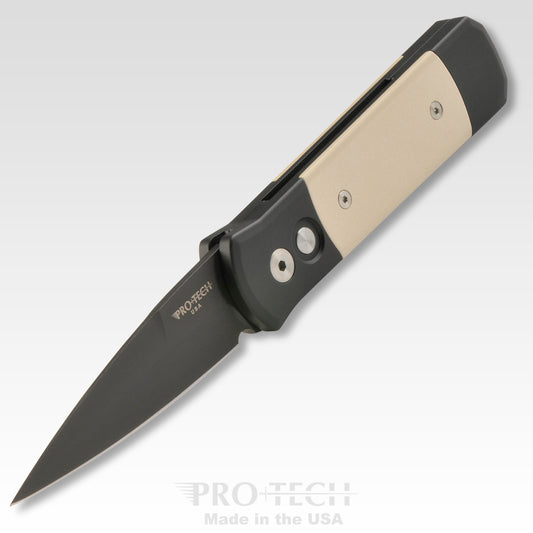 Pro-Tech Knives, LLCโข Godson Auto 752 Black 6061-T6 Aluminum and White Micarta 154CM Stainless Steel Pocket Knife