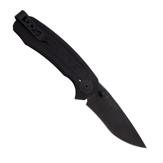 SOG Specialty Knivesโข Banner Button Lock BA1001-BX Black Anodized Aluminum S35VN Stainless Steel Pocket Knife