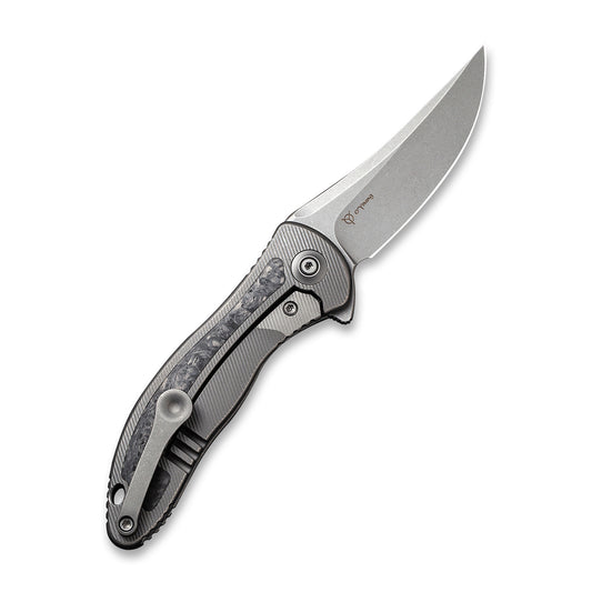 WE Knife Co., Ltd™ Mini Synergy Frame Lock WE2011CF-A Shredded Carbon Fiber and Gray 6AL4V Titanium CPM 20CV Stainless Steel Pocket Knife