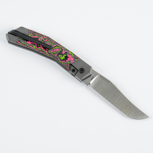 Jack Wolf Knives™ Bionic Jack Frame Lock BIONI-01-CC-WAT-SUG Watermelon Sugar CamoCarbon Fiber S90V Stainless Steel Pocket Knife
