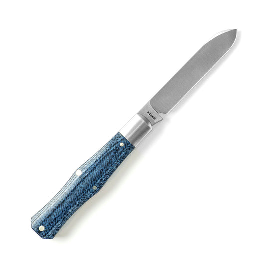 Jack Wolf Knivesโข Gateway Coffin COFFI-01-VIB-LIN-DEN Vibe Denim Linen Micarta Sandvik 14C28N Stainless Steel Pocket Knife