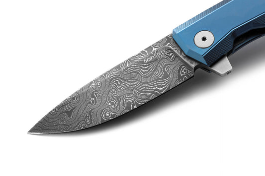 LionSteel Knives™ Myto Frame Lock MT01D BL Blue 6AI4V Titanium Stainless Damascus Steel Pocket Knife