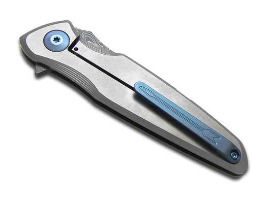 Spartan Blades, LLCโข Pandia Frame Lock SF16DMBL Bead-blast Satin 6AL4V Titanium Stainless Damascus Steel Pocket Knife