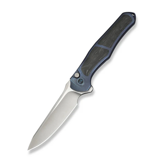WE Knife Co., Ltd™ 702XI Button Lock WE07B-1 Blue Anodized 6AL4V Titanium and Shredded Carbon Fiber M390 Stainless Steel Pocket Knife