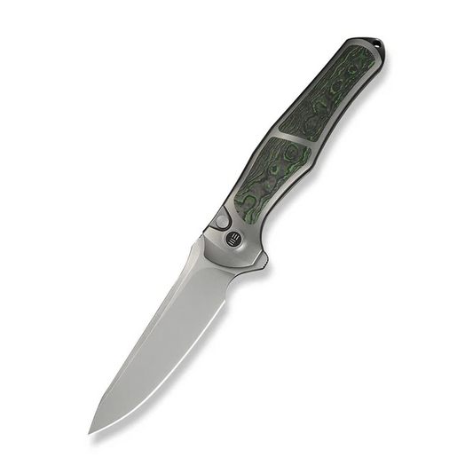 WE Knife Co., Ltd™ 702XI Button Lock WE07B-4 Polished 6AL4V Titanium and Jungle Wear Fat Carbon Fiber M390 Stainless Steel Pocket Knife