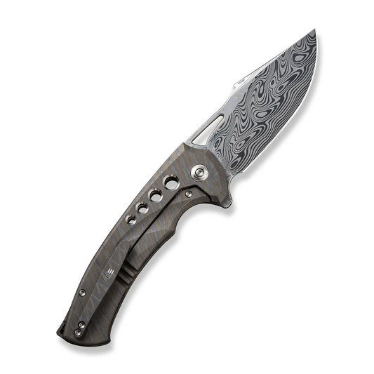 WE Knife Co., Ltd™ Swiftfin Frame Lock WE23051-DS1 Tiger-Striped Flamed 6AL4V Titanium Damasteel Pocket Knife