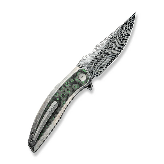 WE Knife Co., Ltd™ Quinseris Frame Lock WE23093-DS1 Crystalized 6AL4V Titanium and Jungle Wear Fat Carbon Fiber Damasteel Pocket Knife