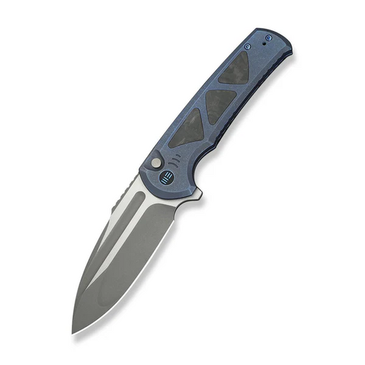 WE Knife Co., Ltd™ Sylox Button Lock WE24027-2 Blue Anodized 6AL4V Titanium and Shredded Carbon Fiber M390 Stainless Steel Pocket Knife