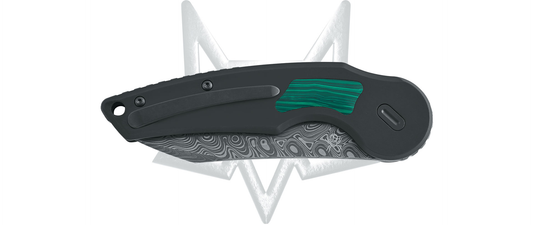 Fox Knives™ Jupiter Button Lock FX-555 DM Black Titanium and Green Malachite Damasteel Pocket Knife