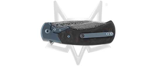 Fox Knivesโข Frame Lock FX-F2017 D Blue Titanium and Marbled Carbon Fiber Damasteel Pocket Knife