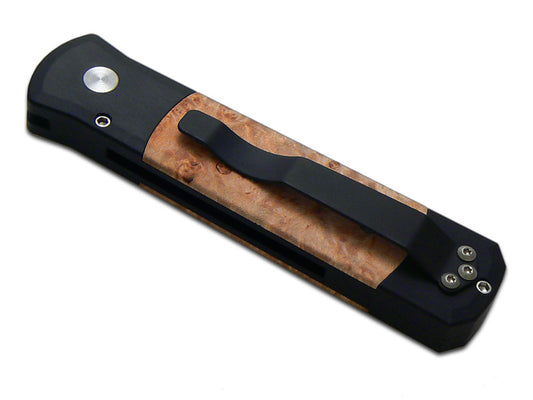 Pro-Tech Knives, LLCโข Godson Auto 707 Black 6061-T6 Aluminum and Maple Burl Wood 154CM Stainless Steel Pocket Knife