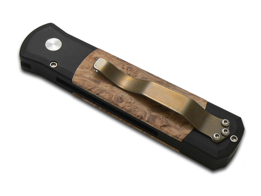 Pro-Tech Knives, LLCโข Godson Auto 706-DAMA Maple Burl Wood and Black 6061-t6 Aluminum Damascus Steel Pocket Knife