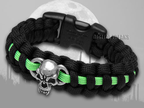 Wilson Tactical™ WI9WT233 Knife Black & Neon Green Braided Paracord With A Metal Skull Survival Bracelet