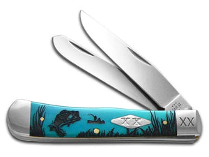 W.R. Case XX Knives Trapper Bass Fishing Caribbean Blue Bone 1/500 Pocket Knife 23120BASS