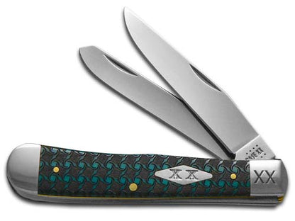 W.R. Case XX Knives Spirals Pattern Trapper 1/500 Caribbean Blue Bone Stainless Pocket Knife 23120SPIRAL