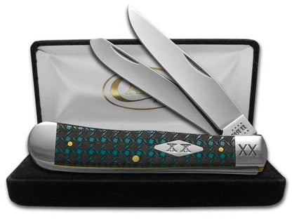 W.R. Case XX Knives Spirals Pattern Trapper 1/500 Caribbean Blue Bone Stainless Pocket Knife 23120SPIRAL