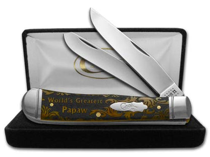 W.R. Case XX Knives World's Greatest Papaw Antique Bone Trapper 1/500 Stainless Pocket Knife CA58182 WGP