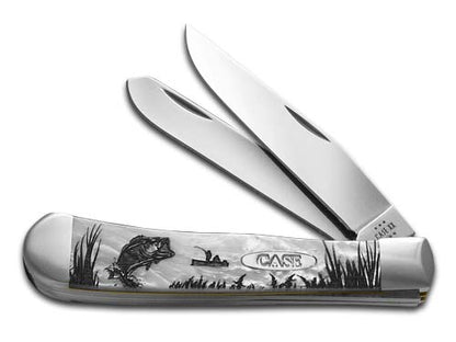 W.R. Case XX Knives Bass Fever Trapper 6073BASS-HP White Pearl Stainless Pocket Knife 6073HP-BASS