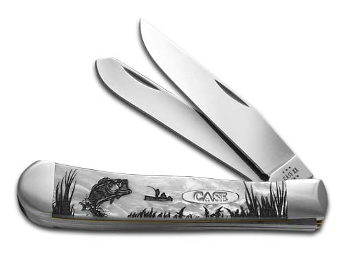 W.R. Case XX Knives Bass Fever Trapper 6073BASS-HP White Pearl Stainless Pocket Knife 6073HP-BASS