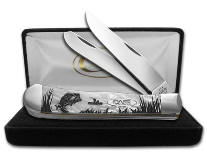 W.R. Case XX Knives Bass Fever Trapper 6073BASS-HP White Pearl Stainless Pocket Knife 6073HP-BASS