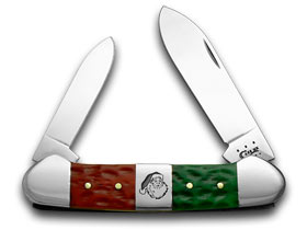 W.R. Case XX Knives Red Bright Green Jigged Bone Christmas Canoe Pocket Knife 65101