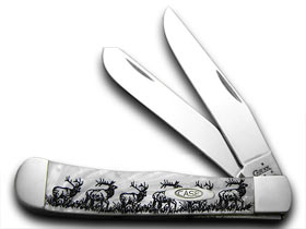 W.R. Case XX Knives Elk Walking 1/600 Etched Trapper White Pearl Corelon Pocket Knife 6073HP-E