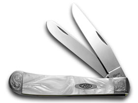 W.R. Case XX Knives Engraved Bolster Series Genuine White Pearl Corelon Trapper Pocket Knife 9254WP/E