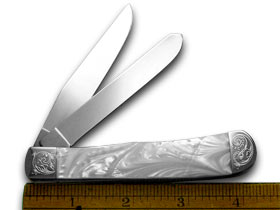 W.R. Case XX Knives Engraved Bolster Series Genuine White Pearl Corelon Trapper Pocket Knife 9254WP/E