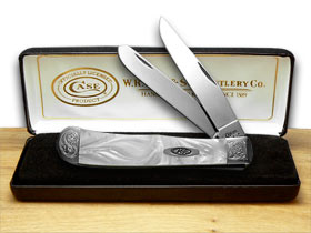 W.R. Case XX Knives Engraved Bolster Series Genuine White Pearl Corelon Trapper Pocket Knife 9254WP/E