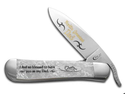 W.R. Case XX Knives Worlds Greatest Dad White Pearl Corelon Russlock Stainless Pocket Knife HPR-WGD