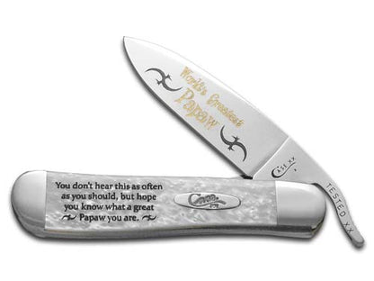 W.R. Case XX Knives Worlds Greatest Papaw White Pearl Corelon Russlock Stainless Pocket Knife HPR-WGP