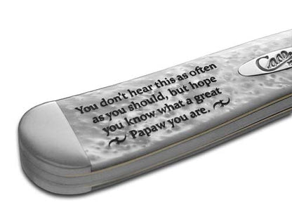 W.R. Case XX Knives Worlds Greatest Papaw White Pearl Corelon Russlock Stainless Pocket Knife HPR-WGP