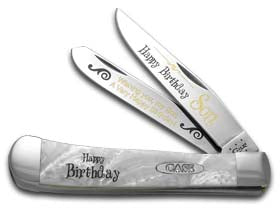 W.R. Case XX Knives Happy Birthday Son Smooth White Pearl Corelon Trapper 1/999 Stainless Pocket Knife HP-HBS