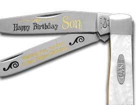 W.R. Case XX Knives Happy Birthday Son Smooth White Pearl Corelon Trapper 1/999 Stainless Pocket Knife HP-HBS