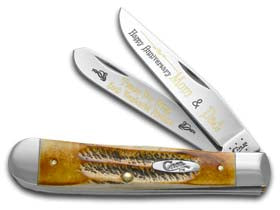W.R. Case XX Knives 6.5 Happy Anniversary Mom & Dad Bone Stag Trapper 1/999 Stainless Pocket Knife 6.5-HAMD