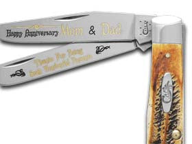W.R. Case XX Knives 6.5 Happy Anniversary Mom & Dad Bone Stag Trapper 1/999 Stainless Pocket Knife 6.5-HAMD