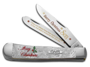 W.R. Case XX Knives Merry Christmas Son White Pearl Trapper 1/500 Stainless Pocket Knife HP-MCS