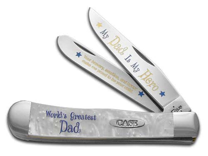 W.R. Case XX Knives "Dad is my Hero" White Pearl Trapper 1/500 Stainless Pocket Knife HP-MDIMH