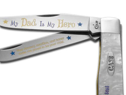 W.R. Case XX Knives "Dad is my Hero" White Pearl Trapper 1/500 Stainless Pocket Knife HP-MDIMH