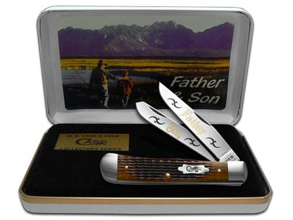 W.R. Case XX Knives Father & Son Trapper Jigged Antique Bone Stainless Pocket Knife JANT-F&S