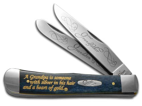 W.R. Case XX Knives Grandfather and Grandson Smooth Blue Bone Trapper Stainless Pocket Knife CAT-GFGS/BB
