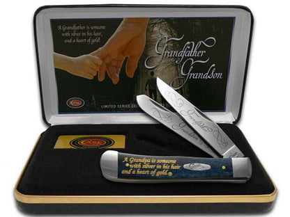 W.R. Case XX Knives Grandfather and Grandson Smooth Blue Bone Trapper Stainless Pocket Knife CAT-GFGS/BB