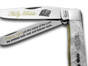W.R. Case XX Knives Holy Bible Psalms 113:3 White Pearl Corelon Trapper Pocket Knife HP-HB/113:3