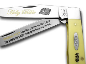 W.R. Case XX Knives Holy Bible Psalms 113:3 Yellow Synthetic Trapper 1/500 Pocket Knife Y-HB/113:3