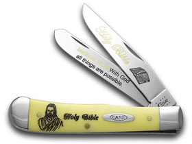 W.R. Case XX Knives Holy Bible Matthew 19:26 Yellow Synthetic Trapper 1/500 Pocket Knife Y-HB/19:26