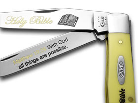 W.R. Case XX Knives Holy Bible Matthew 19:26 Yellow Synthetic Trapper 1/500 Pocket Knife Y-HB/19:26